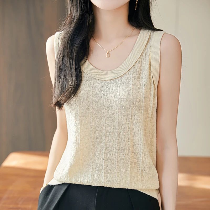 

Новый летний приталенный шерстяной вязаный жилет на бретелях, женский внутренний круглый тонкий топ без рукавов, нижнее белье, верхняя одежда