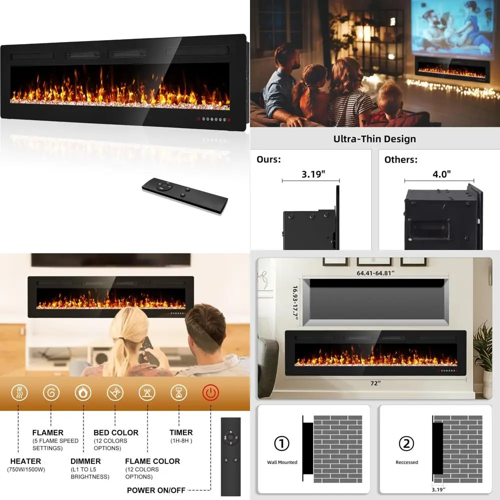 

72-дюймовая тонкая электрическая каминная вставка с настенным креплением, пультом дистанционного управления и сенсорным экраном, нагревателем 1500 Вт