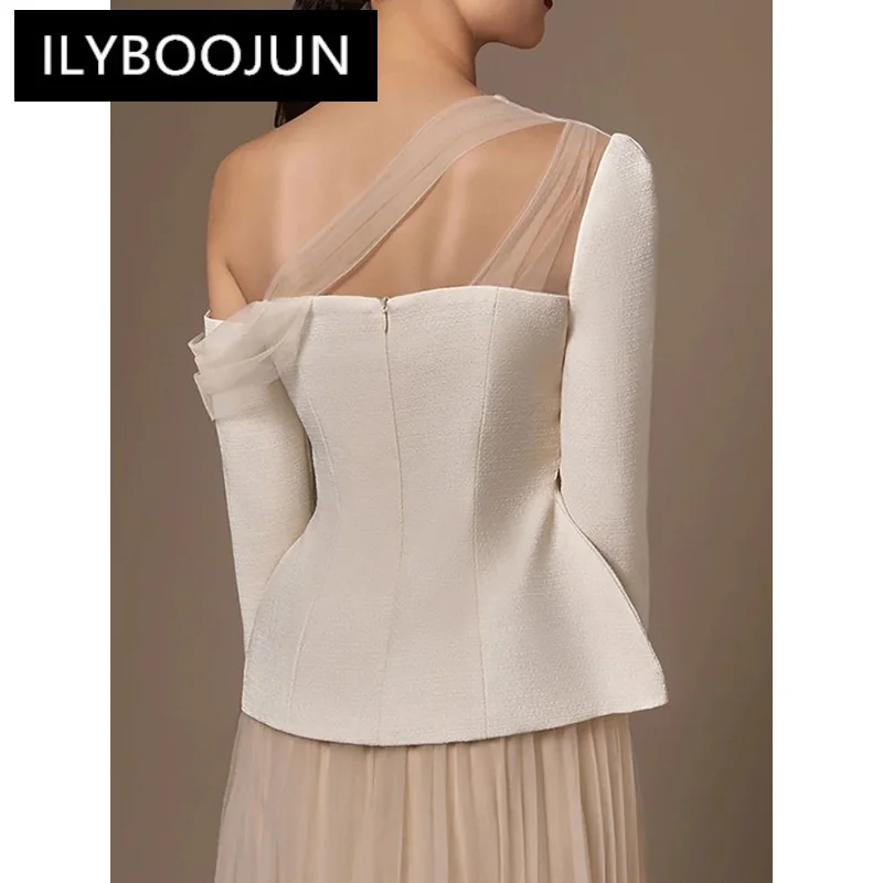 ILYBOOJUN 2024 New Women\'s 2 Pcs Set Skew Collar Long Sleeveless Patchwork Backless Tops High Waist Gauze Skirt Suit Autumn