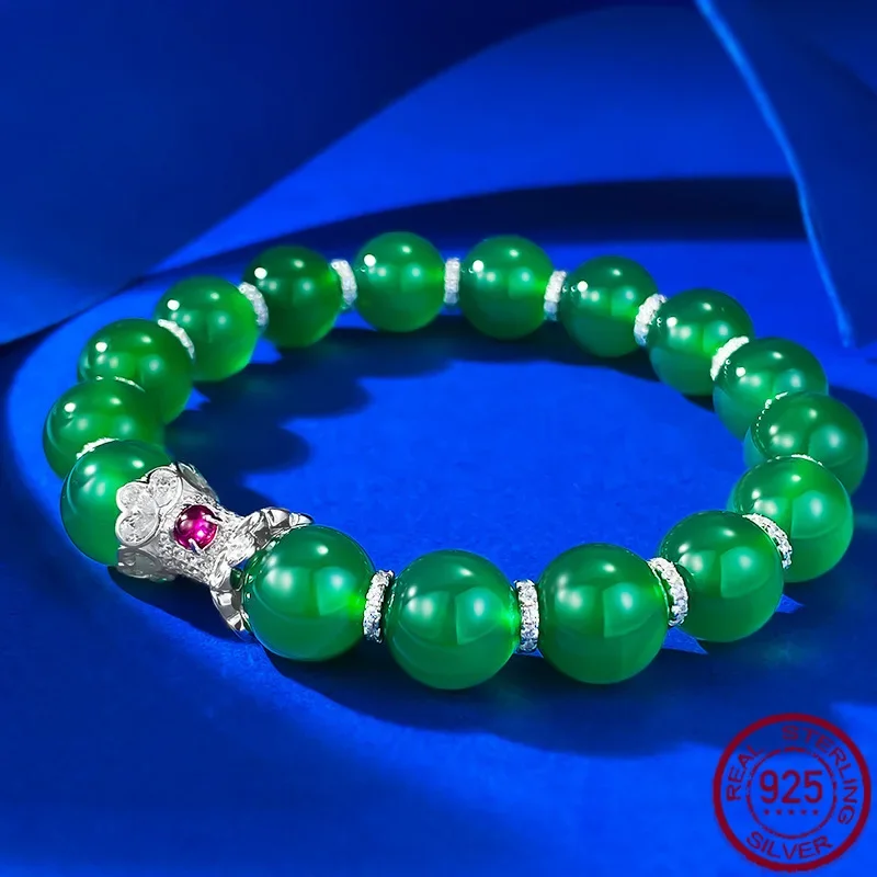 S925 silver inlaid jade stone agate jade yang green national style bracelet new stroke wedding jewelry