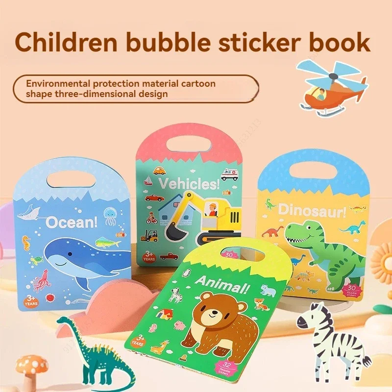 3D Reusable Sticker Book for Puffy Bubble Stickers Dinosaur Ocean Animal Vehicle Educational Activity Book Learning Stickers