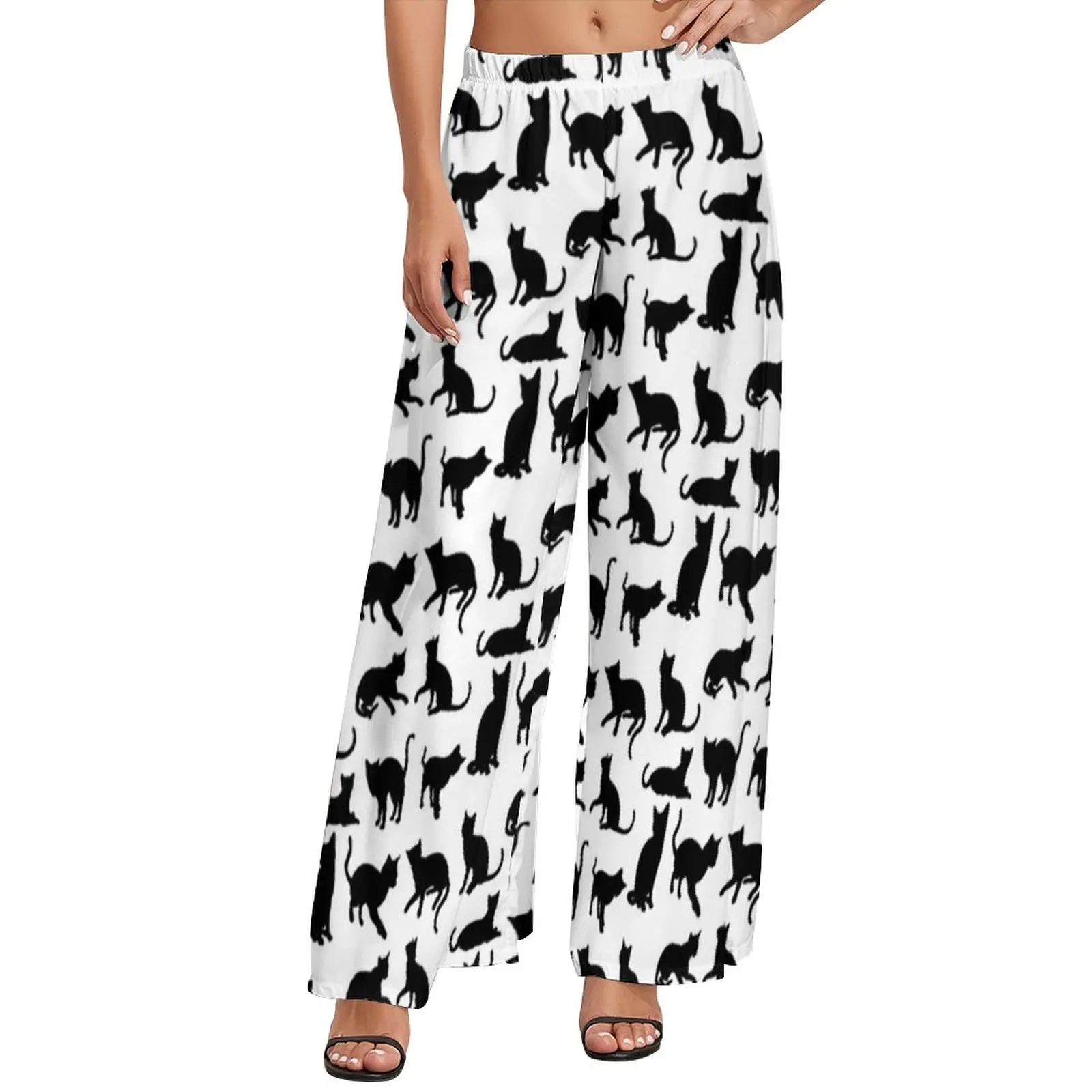 Black Cat Pants Ladies Cute Cuddly Kittens Street Wear Trousers Elastic Waist Classic Wide Leg Pants Birthday Present