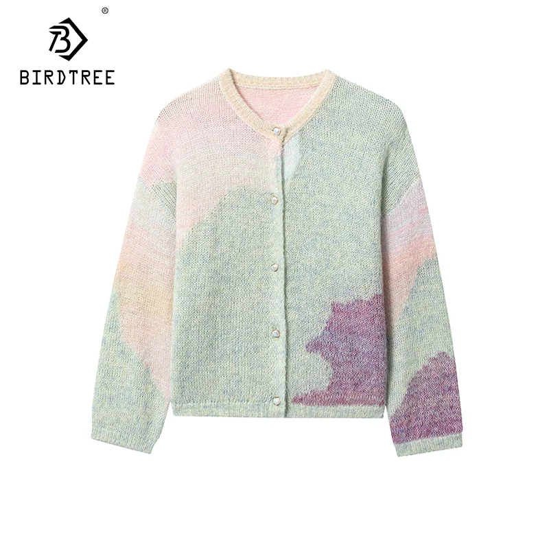 

BirdTree, Wool Mohair Cardigans For Woman, Round Collar Tie Dye, Fashion Loose Sweaters, 2024 Autumn Winter New Jackets D49207QM