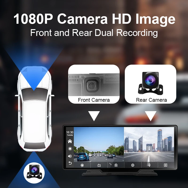 9.3 "شاشة تعمل باللمس سيارة ستيريو لاسلكي أندرويد السيارات 1080P كاميرا احتياطية سيارة مشغل الوسائط المتعددة داش كام ، مع جهاز إرسال AUX/FM