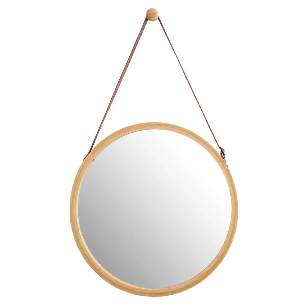 Hanging Round Wall Mirror in Bathroom & Bedroom - Solid Bamboo Frame & Adjustable Leather Strap (Bamboo, 15 Inch)