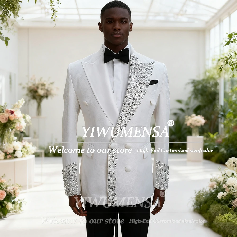 

Уникальный дизайн, костюмы с кристаллами и бисером, мужские комплекты из 2 предметов, двубортный пиджак, брюки, индивидуальный мужской модный свадебный смокинг для жениха