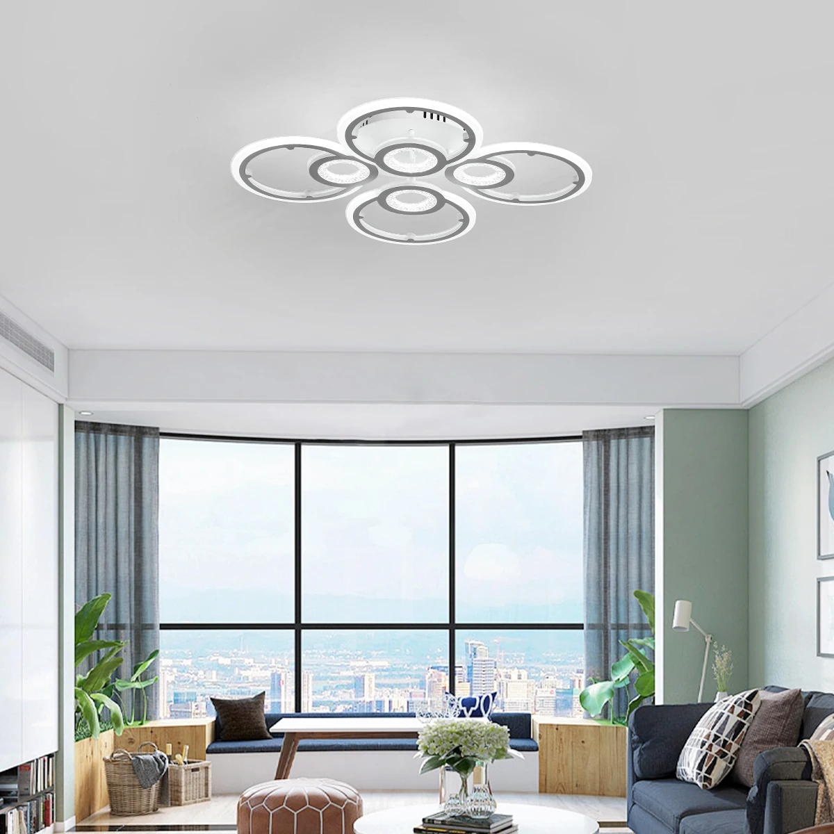 Modern LED Ceiling Light Dimmable Mount Ceiling Lighting Fixtures 65W Round Acrylic White 4 Rings Ceiling Light Living Room