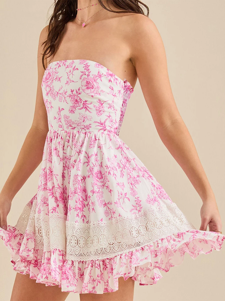 Women's Princess Floral Print Tube Top Dress Strapless Flowy Ruffled Hem Mini Dress Beach Holiday Summer