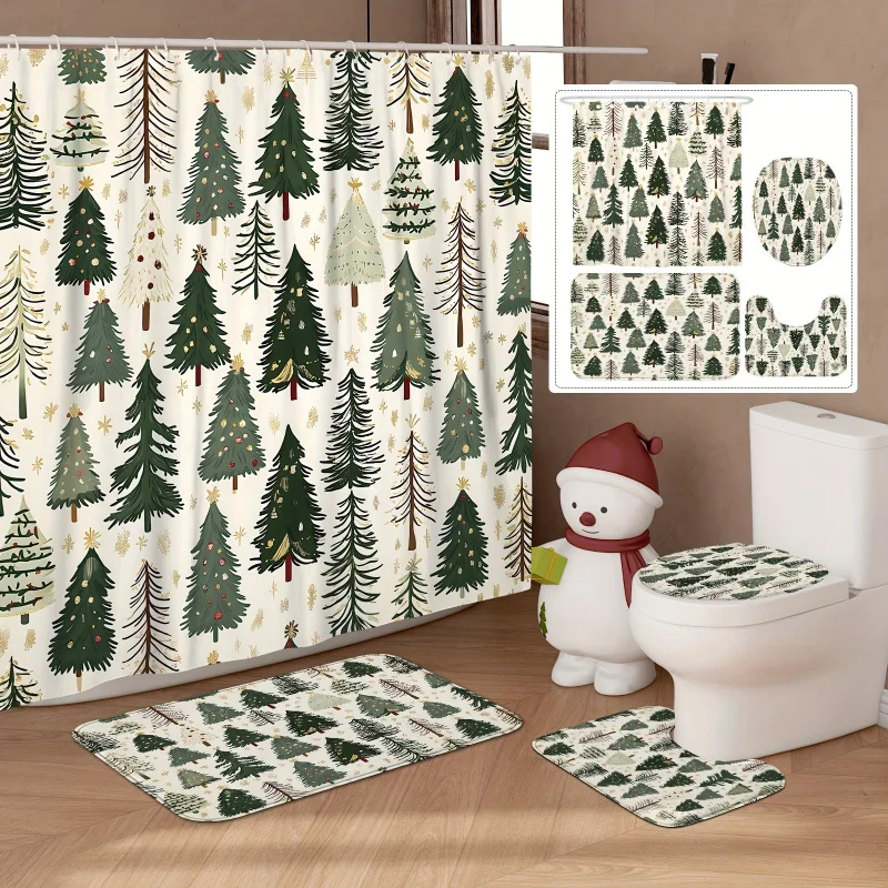 4pcs Christmas Winter Shower Curtain Set Pine Tree Snowflake Simple Green Brown Shower Curtain Waterproof Polyester Washable f