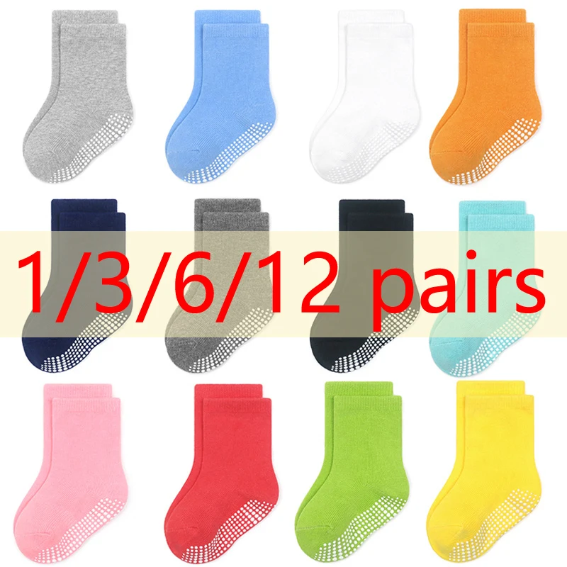 1/3/6/9/12 Pairs Kids Cotton Socks Sets for Baby Boys Girls 2026 White Non-slip Comfy Breathable Baby Trampoline Floor Socks