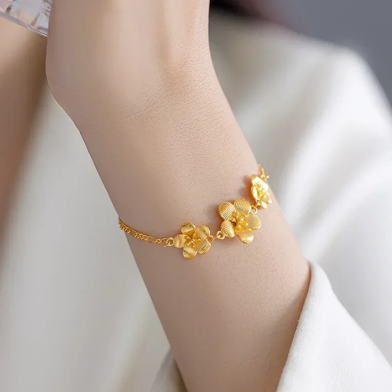 Pure Yellow Gold Color Advanced Peach Blossom Bracelet Bangle Wedding Birthday Christmas Gifts Jewelry Not Fade