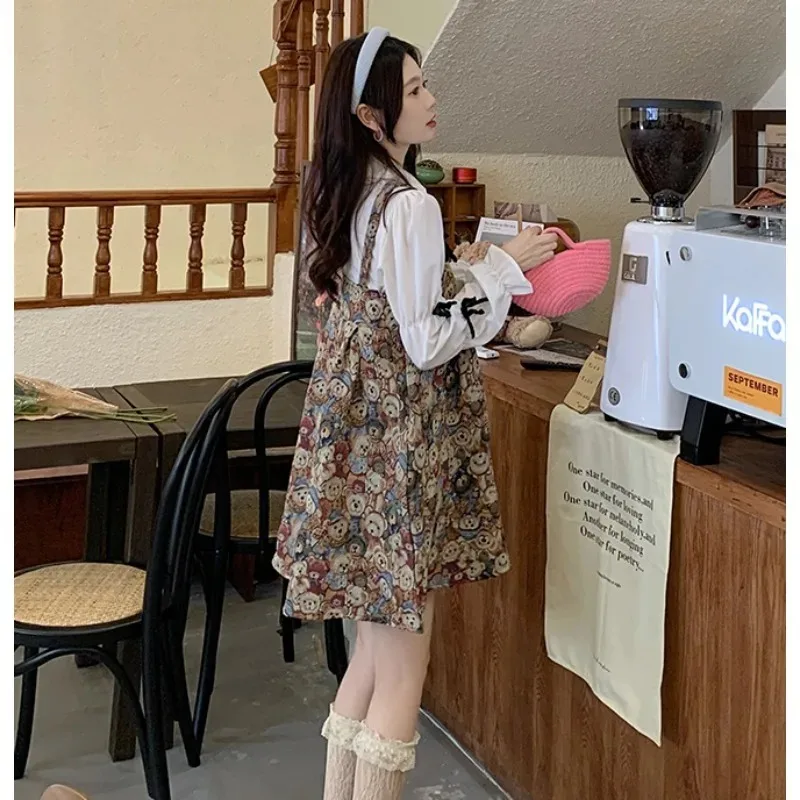 Summer Sweet Women Clothing Bow Long-sleeved Shirt Female Fashion Dress Fake 2pcs Bear Strap Mini Dress A-line Loose Y2k Dresses