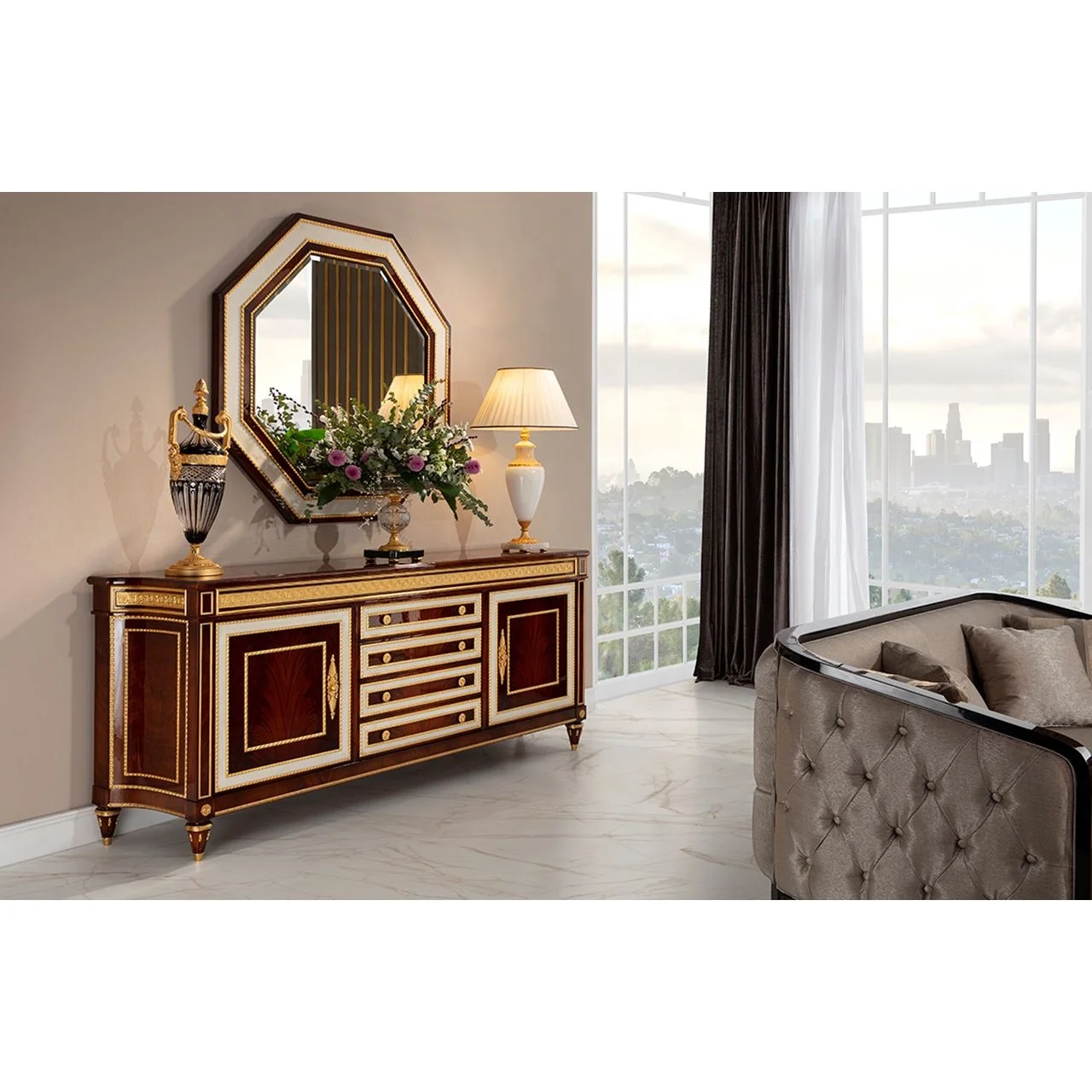 Modern Wooden Gold And Black Kitchen Furniture 4 Drawers Console Table Classic Antique Sideboard With Mirror