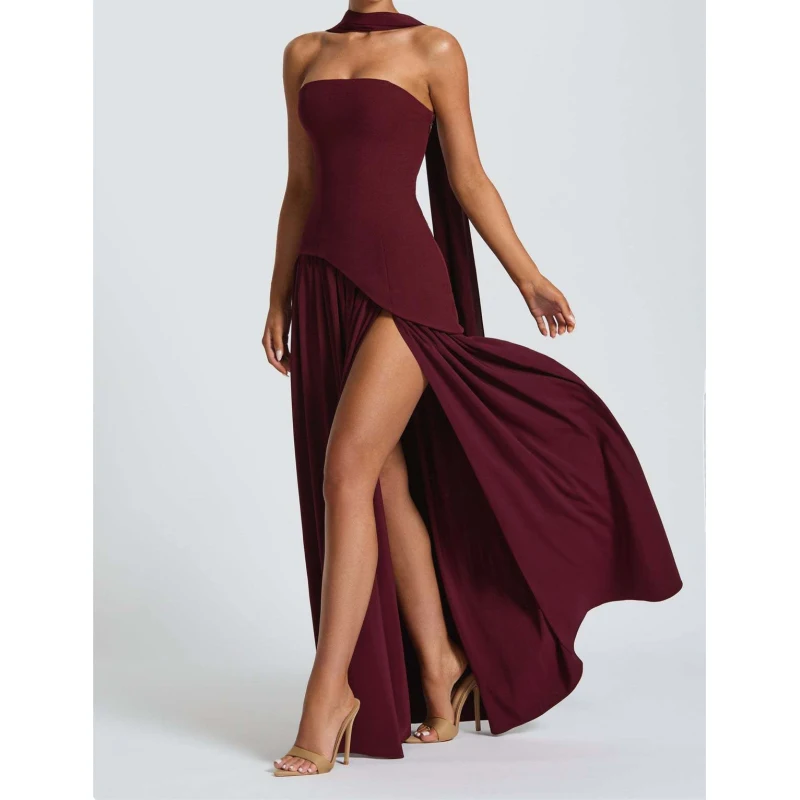 European and American sexy diagonal splicing slit dress with pleated strapless ribbon hanging neck long dress