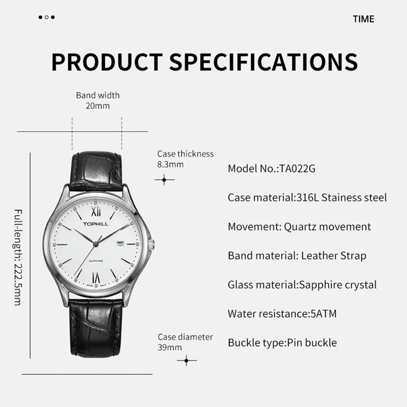 TOPHILL 39mm Watch For Men Luxury Imported from Switzerland Ronda 505 Quartz Movement Men Watch Sapphire Crystal 50M Waterproof