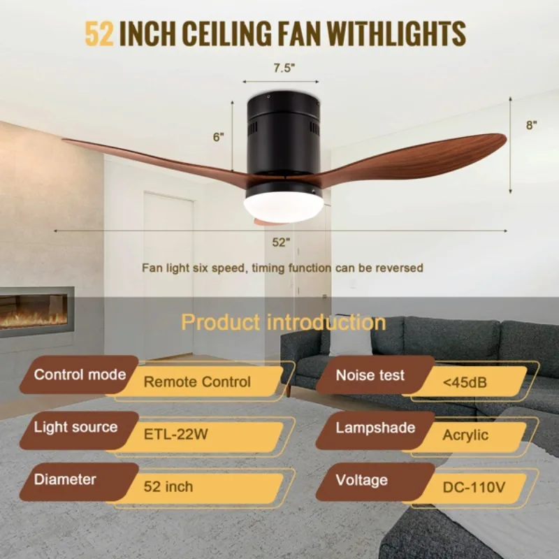 52 Inch Ceiling Fans with Lights, 6 Speed Reversible Noiseless Fan Light DC Motor, Indoor and Outdoor LED Ceiling Fan, Low Profi