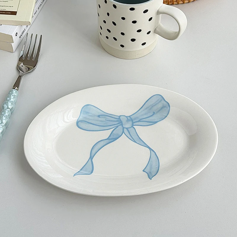 Bow Print Ceramic Plates New Household 9 Inch Korean Style High Aesthetic Oval Fish Dishes Overglaze Color Exquisite Tableware