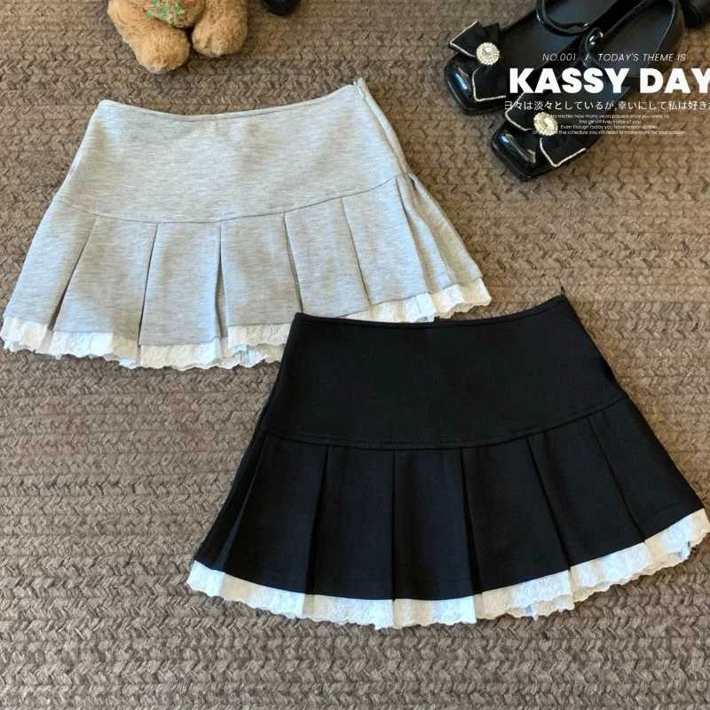 

Vintage Contrast Color Lace Patchwork Casual A-line Skirt Women 2024 Summer New High Waist All Match Sexy Pleated Mini Skirt