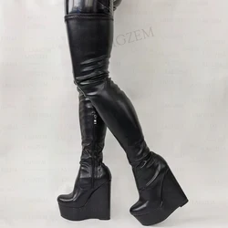 DOHBANER Women Thigh Hig Boots Platform Wedges High Heels Faux Leather Over Knee Boots Female Ladies Shoes Woman Size 40 47 52