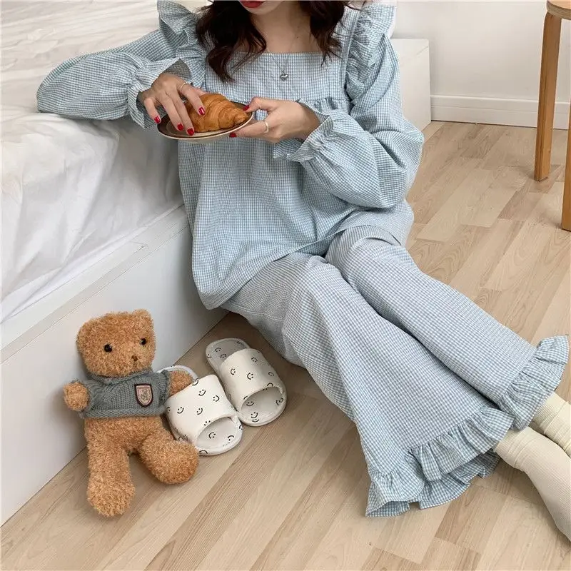 Pajama Sets Women Plaid Harajuku Schoolgirl Sweet Style Autumn Simple Sleepwear Square Collar Ins Popular Lovely Nightwear Daily