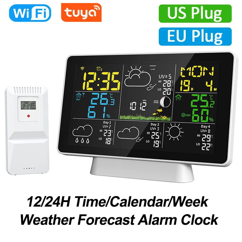 Tuya WIFI Weather Station Wireless Indoor Outdoor Thermometer Hygrometer LCD Color Screen Large Weather Clock with 100M Sensor