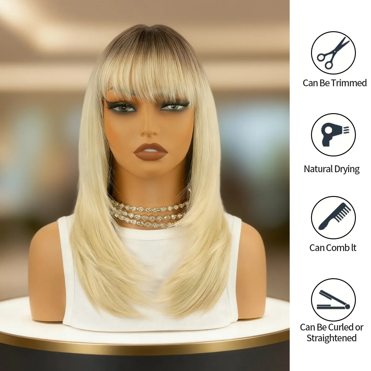 女性用ホワイトブロンド合成ウィッグ ストレートレイヤードナチュラルヘアウィッグ 前髪付き 耐熱ウィッグ 日常コスプレ用