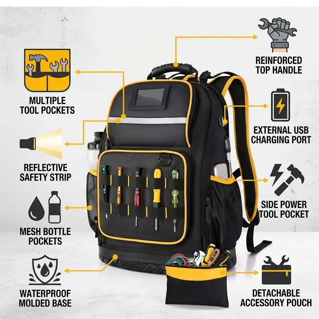 Large capacity electrical tool storage bag with Tpye-C storage backpack and hard plastic bottom wear-resistant tool kit