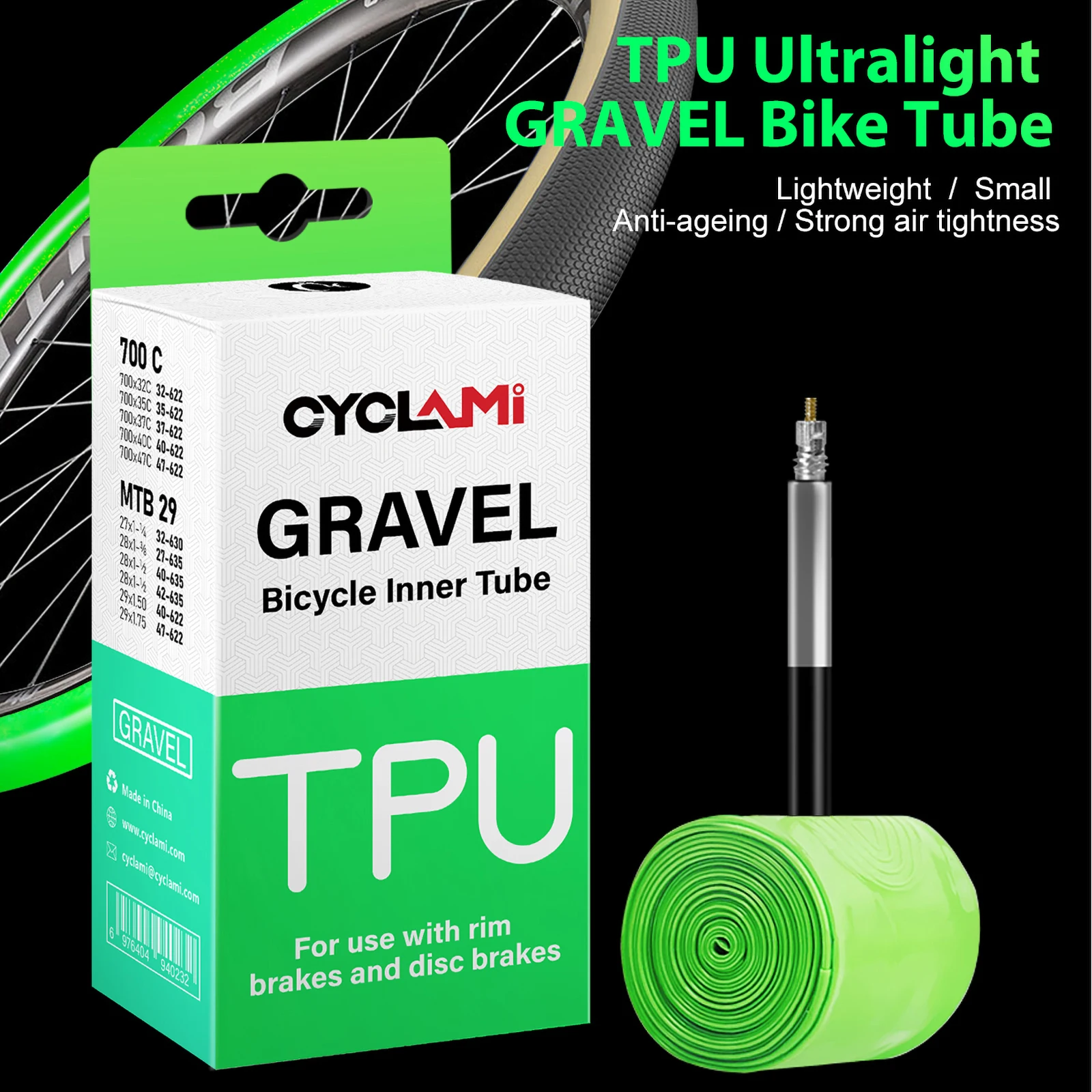 CYCLAMI TPU Material Ultralight  Roam MTB 29 Bike Inner Tube Tire French Valve FV 45mm For Gravel 700C 32C 35C 37C 40C 47C