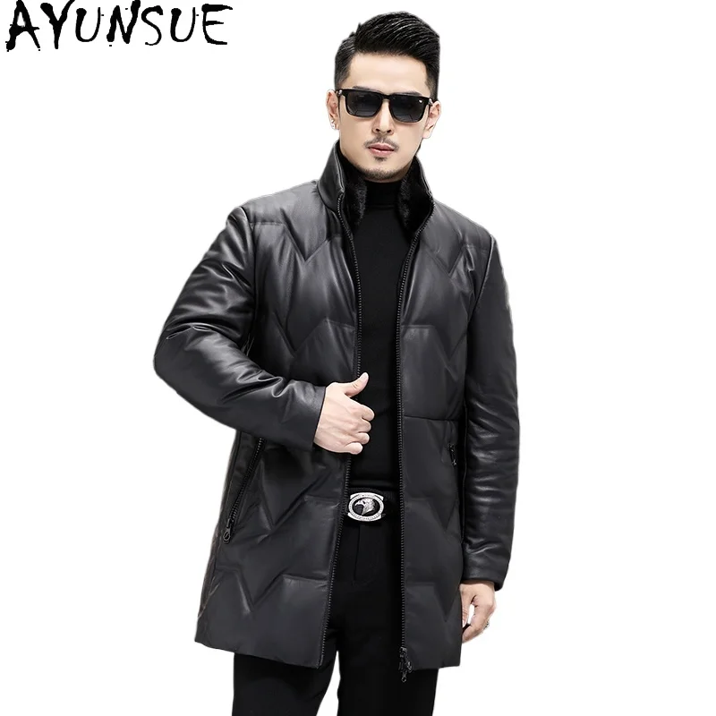

AYUNSUE High Quality Real Sheepskin Man Leather Jacket Mid-length Goose Down Coat Mink Fur Collar Warm Puffer Coats Chaquetas
