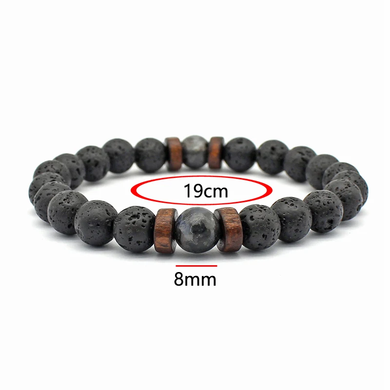 Imagen 5: Pulsera de Cuentas de Piedra Volcánica Elástica Hecha a Mano de 8 mm para Hombre, Joyería Tibetana con Cuentas de Madera y Buda