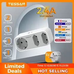 TESSAN Multi Socket Power Strip with 3 Outlets +1 USB Port+ 1 Type C European Plug Wall Socket Adapter with Overload Protection