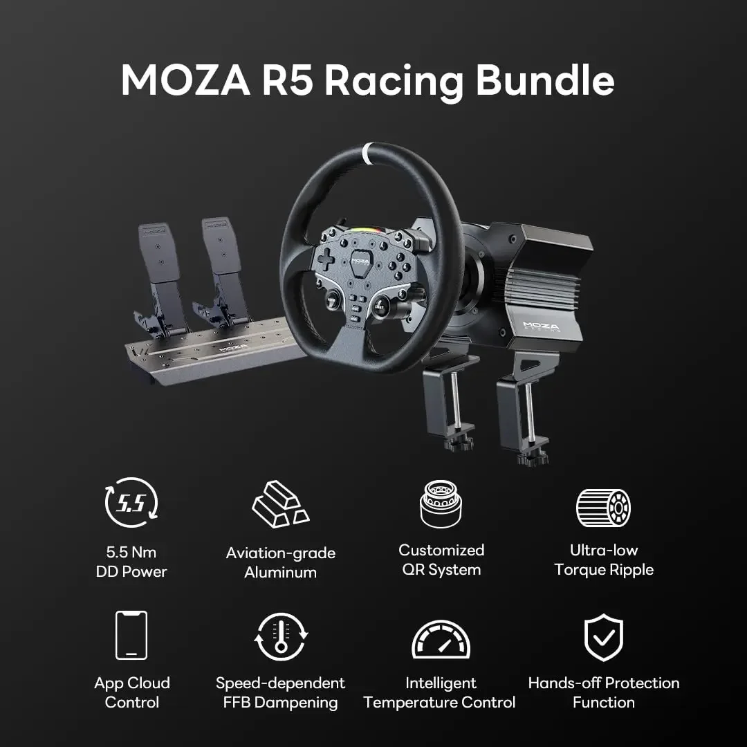 R5 All-in-One PC Gaming Racing Simulator 3PCS Bundle: 5.5Nm Direct Drive Wheel Base, 11-inch Racing Wheel, Anti-Slip