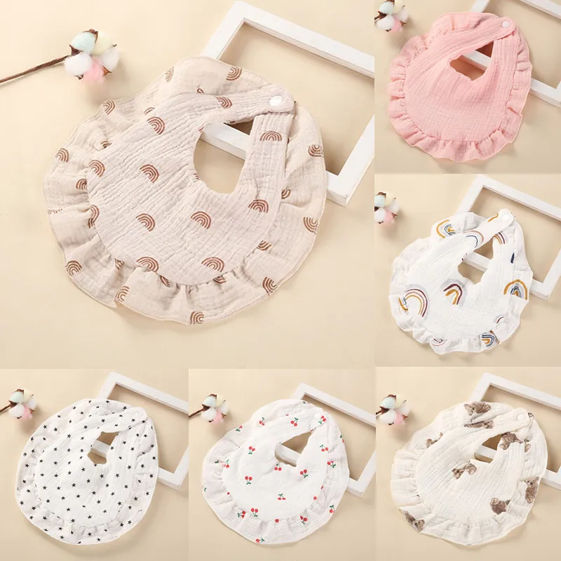 Pure Cotton Muslin Baby Bib Adjustable Lace Ruffle Newborn Feeding Burp Cloth Saliva Towel for Boys Girls Baby Items