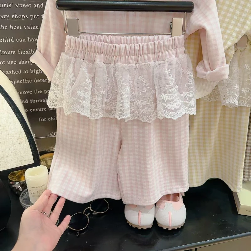 مجموعة ربيع الخريف للفتيات - بلوزة منقوشة بأكمام طويلة مع بنطال دانتيل متعدد الاستخدامات، ملابس خارجية لطيفة لعيد الميلاد للأطفال الصغار