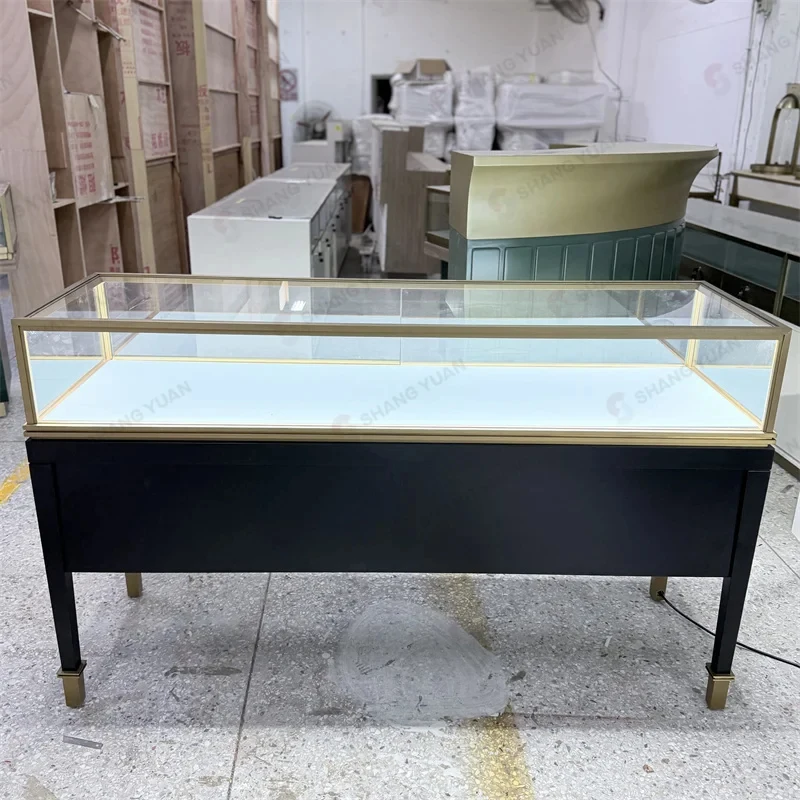 custom.Luxury Jewelry Showcase Stainless Steel Gold Ultra White Glass LED Strip Custom Counter Direct From Source Facto