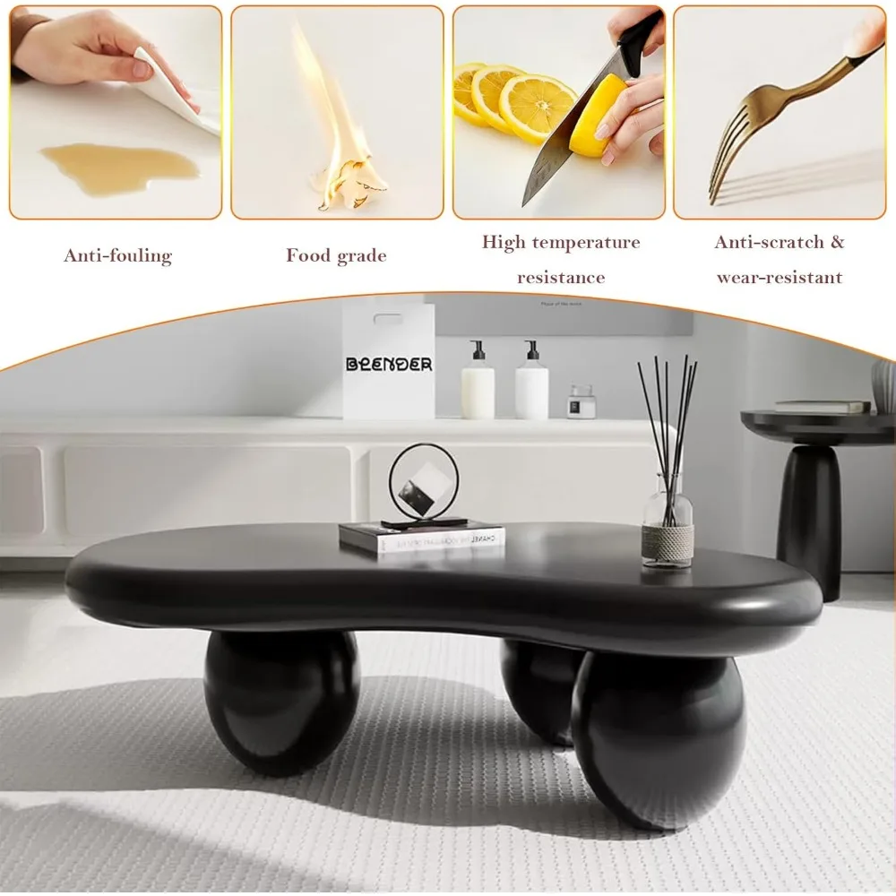 Asymmetric Black Coffee Table with 3 Stable Ellipsoid Leg, Modern Stylish Cloud Center Table - Cafe Books Laptop Snacks