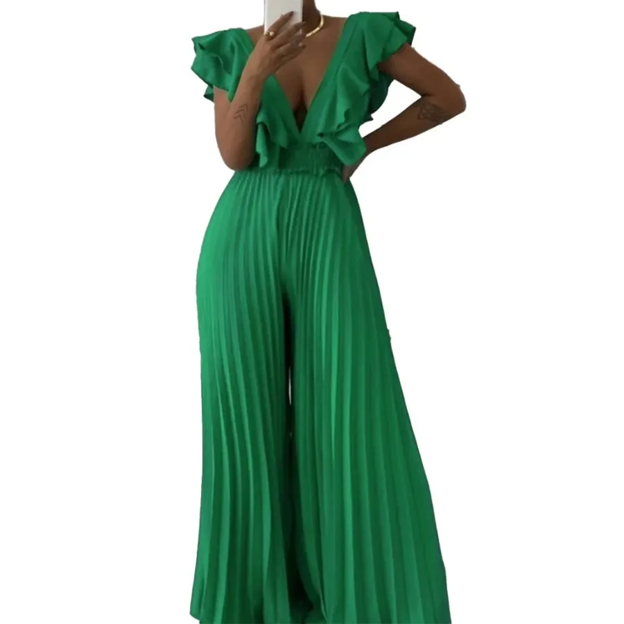 Spring Women Jumpsuit Sexy Fashion V Neck Sleeveless Solid Nipped Waist Pleated Loose Wide Legs Romper High Streetwear