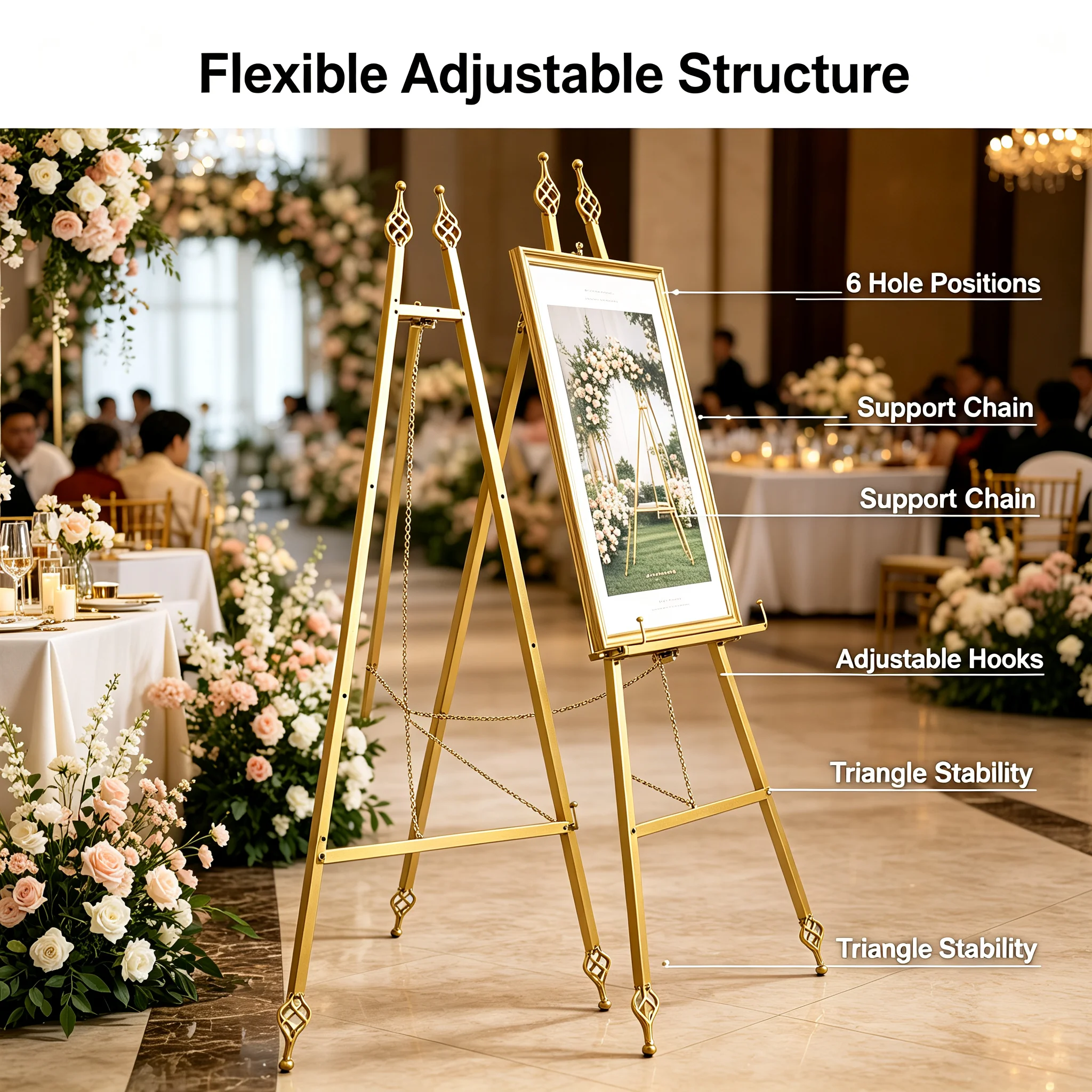 Easel Stand 2Pcs Adjustable Poster Easel Tripod, Gold Steel Display Easel with 6 Holes & Chain, 22.05lbs Load for Wedding Art Exhibition Mall Promotion