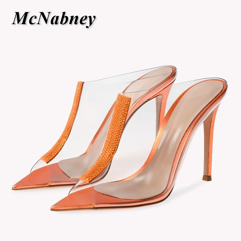 

2023 New Women's Fish Mouth Slippers Summer Transparent High Thin Heels Casual Pumps Pointed Toe Female Sandals Plus Size 46