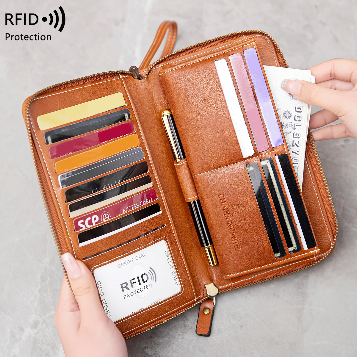 RFID Anti-Theft Brush Wallet for Women, Multi Slot, Vintage, Large Capacity, Multi-functional, Stylish Clutch with Wrist Strap