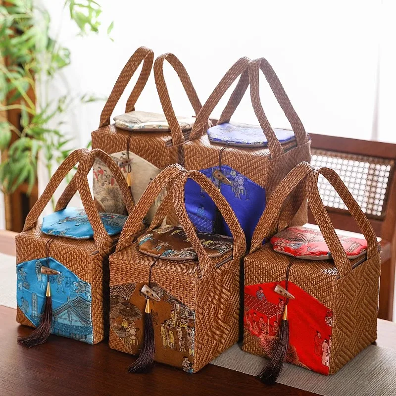 Luxury Rattan Tea Gift Box - Ceramic Canister with Drawstring Bag for Wedding, Jewelry, Loose Leaf Tea Storage - Elegant Chinese