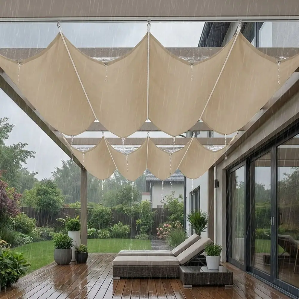 Waterproof Wave Retractable Sun Shade Canopy Heavy Duty UV Protection Outdoor Balcony Sun Awning Thick Polyester Rainproof