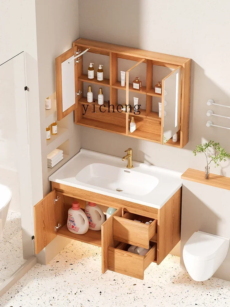 ys-13 Ruer Solid Wood Wood Color Bathroom Cabinet Combination Ceramic Whole Washbin Washstand Hand Washing Washbasin Cabinet