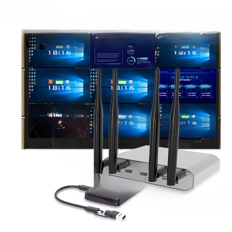 Wired and wireless presentation and collaboration system with 2 transmitters and 1 receiver for up to 164 ft range