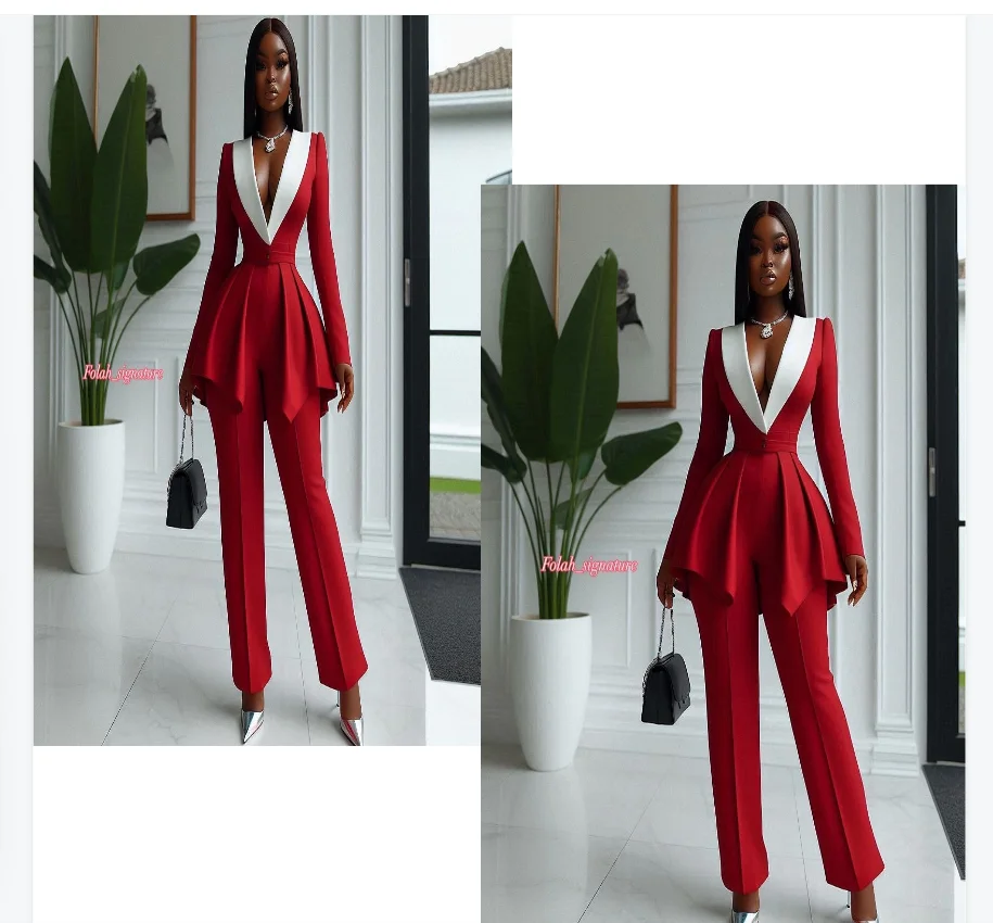 

Red White Women Suit Set 2 Pcs Blazer+Pants Trousers Cotton Ruffles Formal Office Jacket Customized Wedding Tuxedo Guest Coat