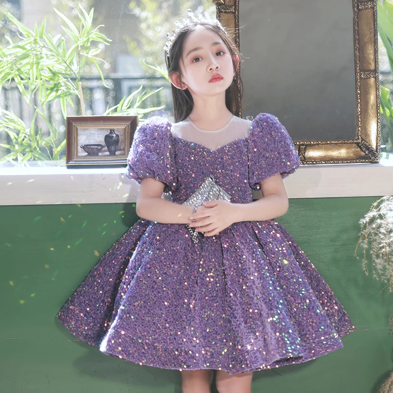 2023 Evening Wedding Kids Formal Occasion Party Dresses for Little Girls Special Events Purple Sequins Short Gown Luxury Pageant