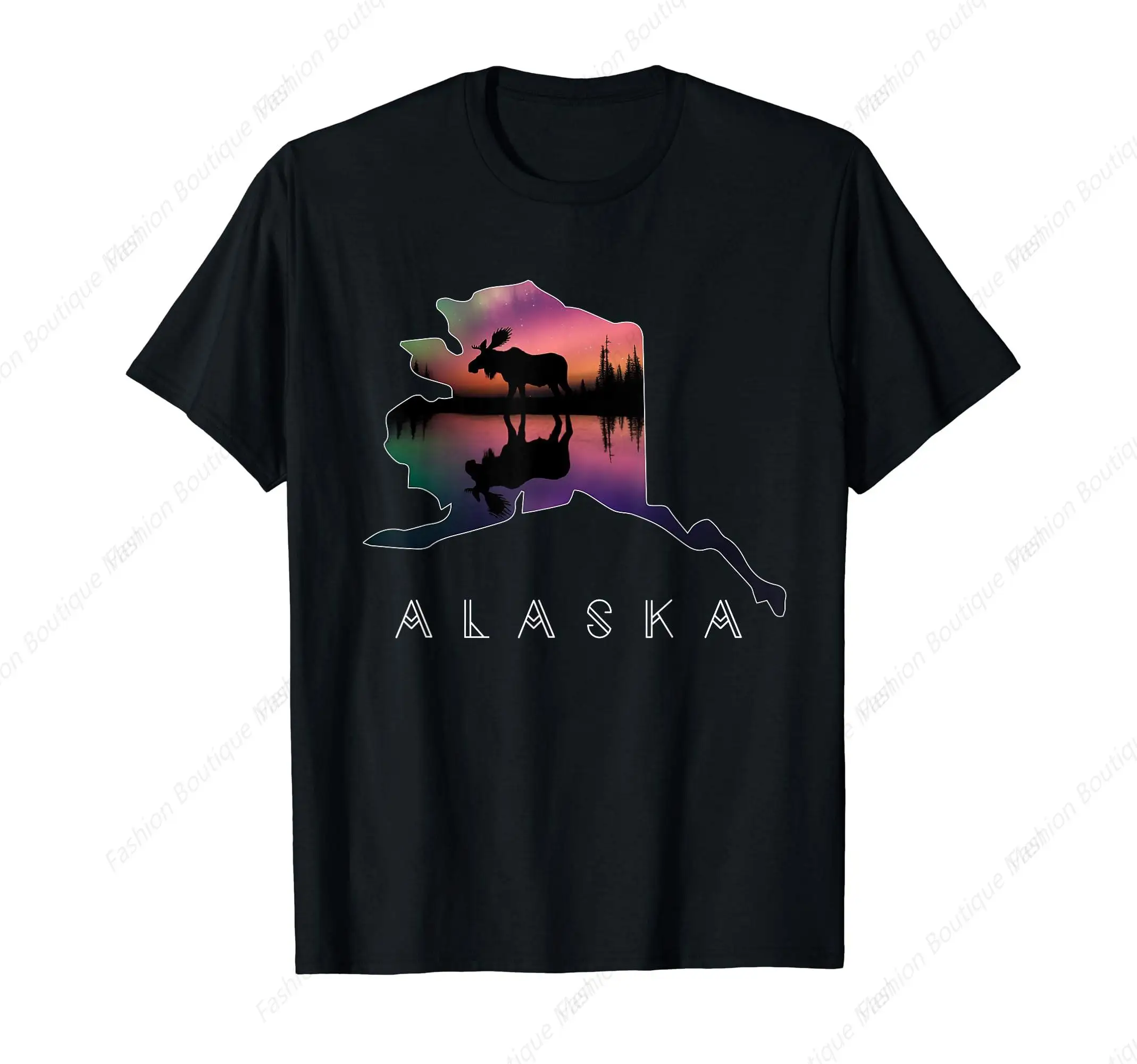 

Classic Alaskan Moose Aurora Borealis Alaska State Landscape T-Shirt Comfort Round Neck Cotton Tops