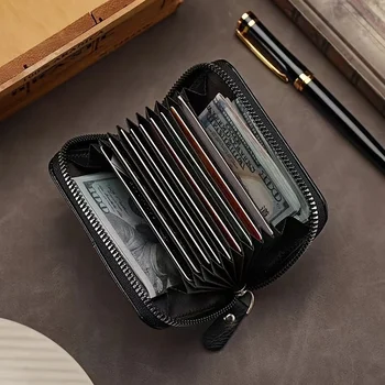 Vintage PU Leather Slim Wallet - Zipper RFID Blocking 11-Slot Card Holder, Retro Style Gift for Men & Women, Classic Design 5