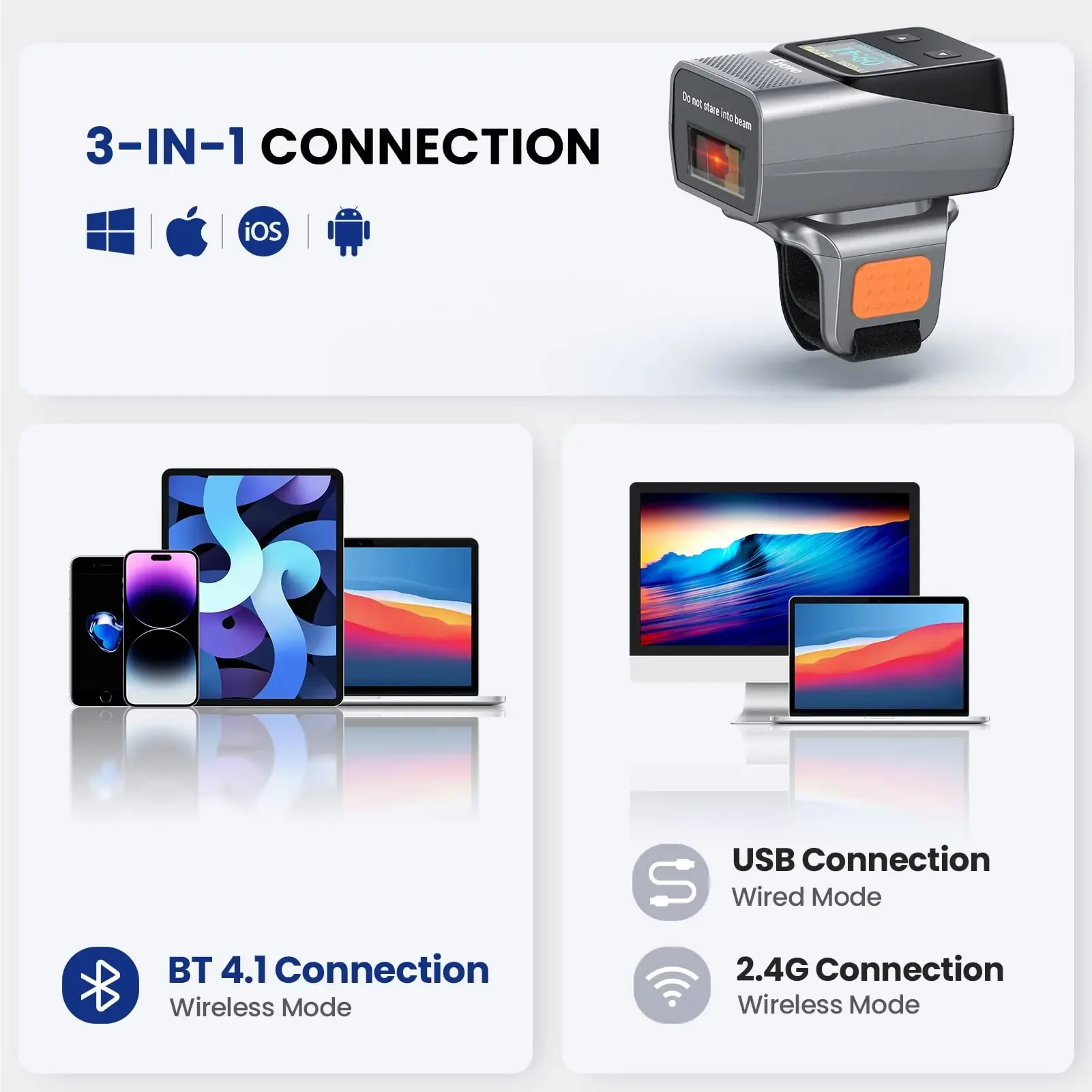 

Eyoyo EY-038L Носимый лазерный сканер 1D Bluetooth Мини-считыватель штрих-кодов Высокоскоростное сканирование для iOS/Android и Ambidextrous Design