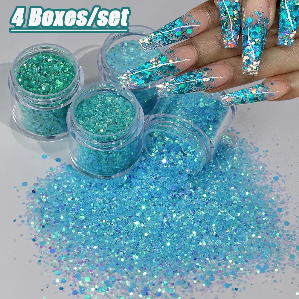 4Pcs Mint Green/Blue Chunky Glitter set Mermaid Nails Sequins Shiny Hexagon Flakes DIY Nail Art Decorations Glitters Accessories